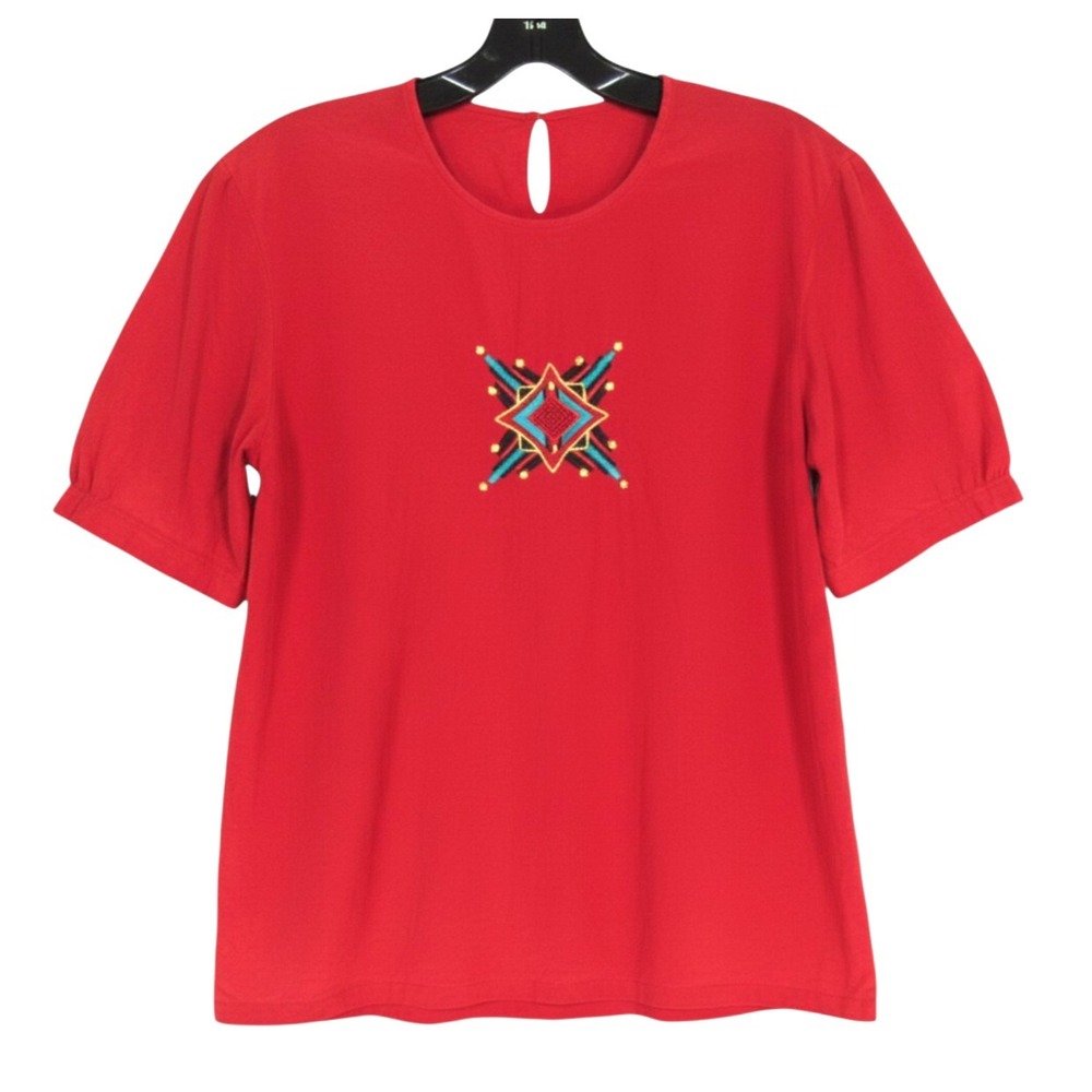 VTG REGINA PORTER Red SILK Button Back NATIVE AMERICAN EMBROIDERED Blouse/Top XS